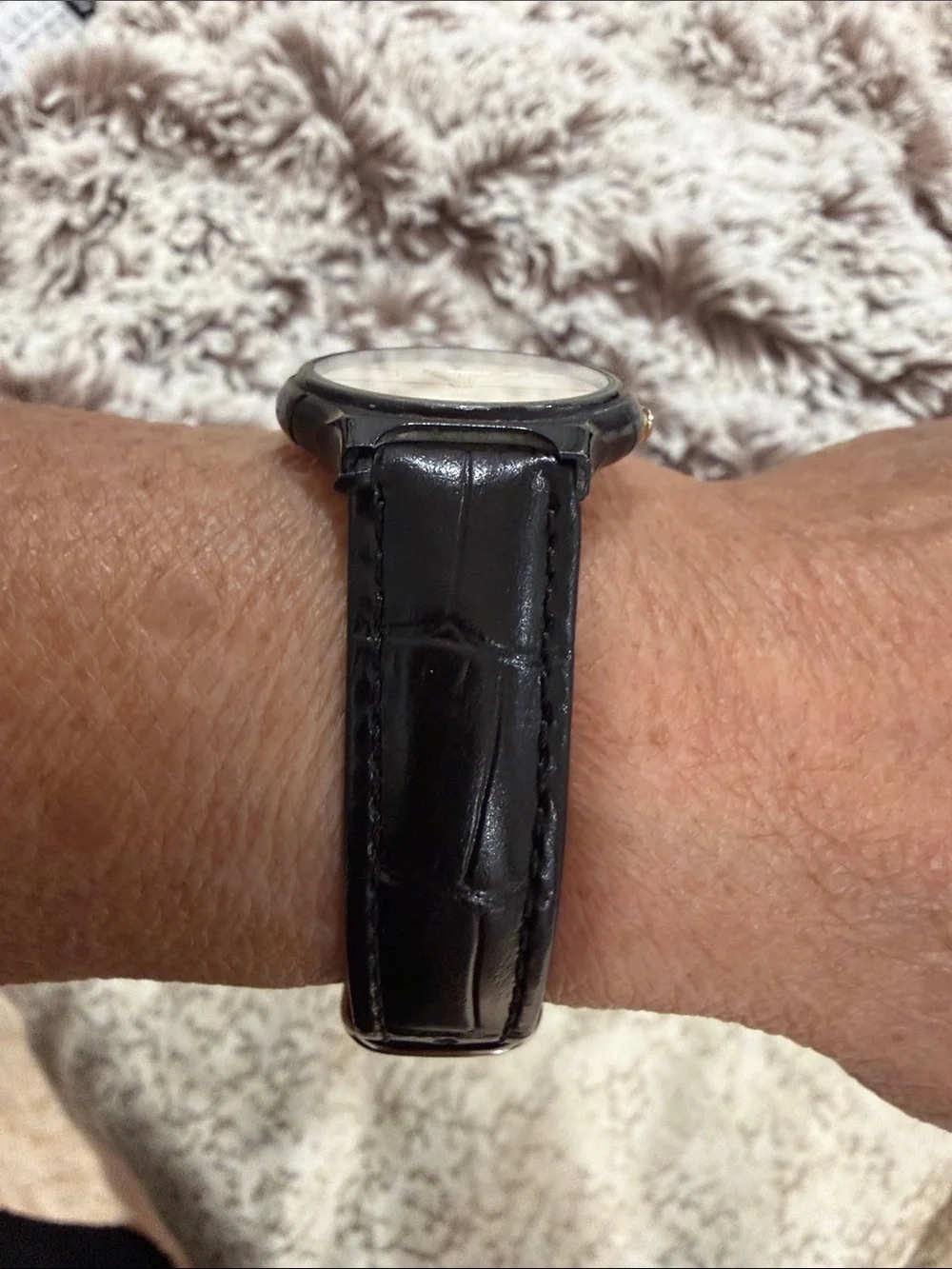 Yves Saint Laurent Black Leather Watch with Gold Accents and Silver Dial